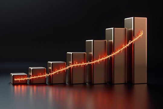 A sleek, modern bar graph with glowing orange data points tracing upward growth against a dark backgroundsymbolizing success, progress, and financial gain.