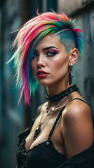 Punk girl portrait with colorful hair, urban background, vivid tones.
