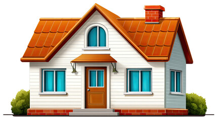 Obraz premium Dream Home: An inviting illustration of a charming house. The house features a warm orange roof, bright blue windows, and a welcoming front door, set against a pristine.