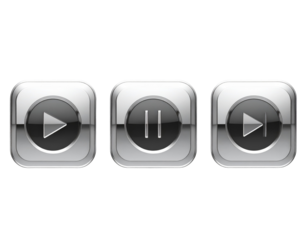 Minimal Square Chrome Play, Pause, and Fast Forward Icons with Soft Reflection, Top-Down Layout, isolated on transparent background
