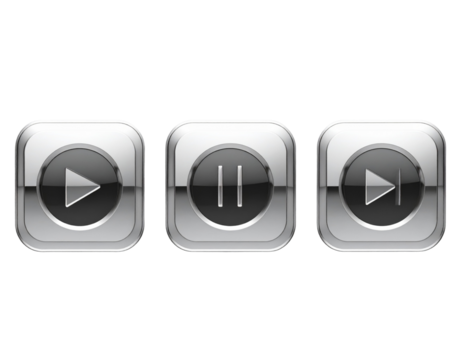 Minimal Square Chrome Play, Pause, and Fast Forward Icons with Soft Reflection, Top-Down Layout, isolated on transparent background