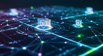 Abstract digital network security concept with interconnected nodes and glowing shield icons, symbolizing robust cybersecurity, data protection and internet safety
