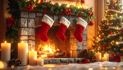 fireplace in living room with christmas decorations