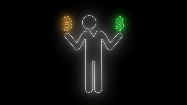 Glowing neon line Business man chooses between dollar or bitcoin animated.