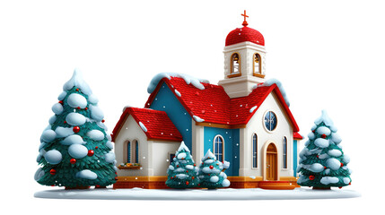 Winter Wonderland Church: A charming, snow-covered church with a vibrant red roof and festive adornments, stands amidst snow-laden evergreen trees.