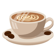 Pixel Art Coffee Cup with Latte Art and Coffee Beans on a Saucer Isolated on Transparent Background