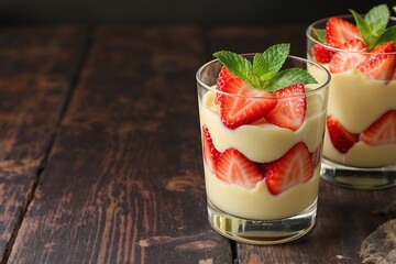 Generative AI delicious strawberry dessert cups with mint.