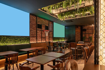 Contemporary sports café with brick walls, wooden bar tables, and screen displays