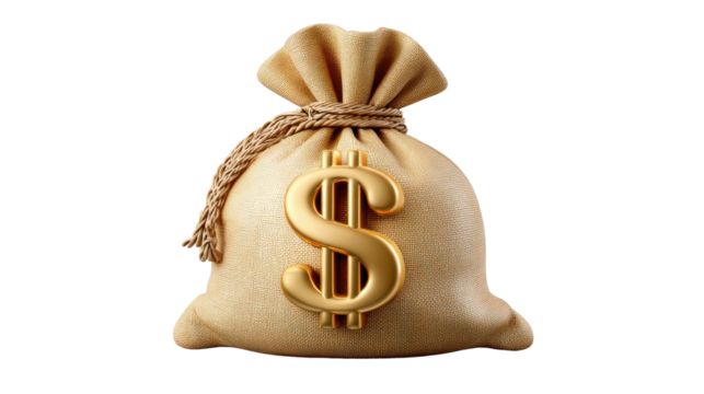 Bag of Fortune: An elegant, fully rendered money bag, a symbol of wealth, is tied with rope and emblazoned with a gleaming golden dollar sign, promising prosperity.