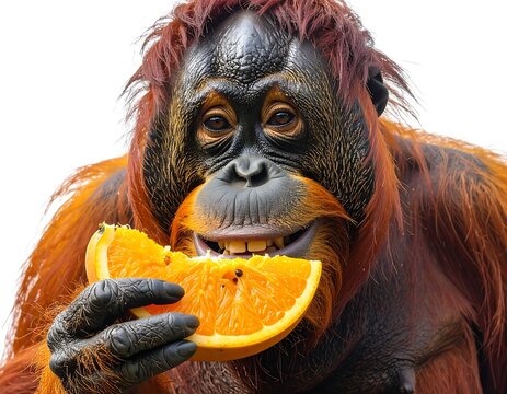 A close-up portrait of a primate, showing an orangutan holding a citrus slice and smiling, set against a plain white background