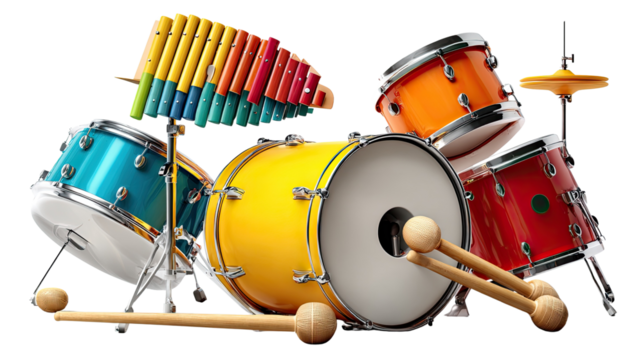 Colorful Rhythmic Ensemble: A vibrant display of musical instruments, a cheerful drum set and xylophone, poised ready to create a symphony of sound. The striking array captures the energy