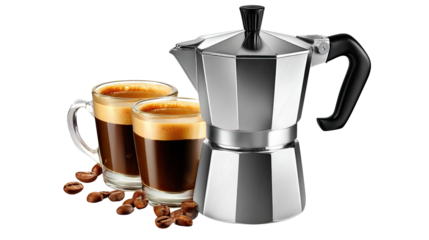 Aromatic Brew: A close-up showcases a classic moka pot, two steaming espresso shots, and scattered coffee beans, capturing the essence of a perfect morning coffee ritual.