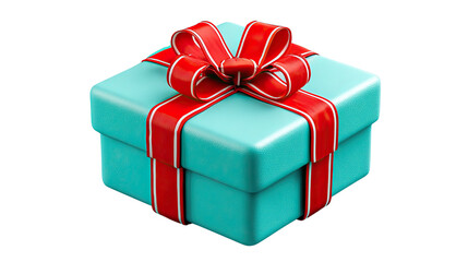 Fototapeta premium Wrapped Turquoise Gift Box with Red Ribbon: A beautifully wrapped turquoise gift box, adorned with a vibrant red ribbon, conveys a sense of anticipation and the joy of giving.