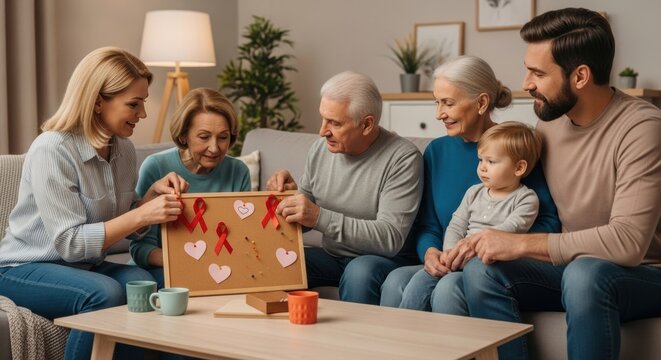 A family gathers around a wooden table, joyfully engaging in a creative activity involving heart decorations and red ribbons while sharing smiles and moments of connection in a cozy living room - Powered by Adobe