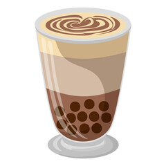 Pixel art iced coffee drink with chocolate syrup and tapioca pearls in a tall glass with layered brown and white liquids and whipped cream topping on a transparent background
