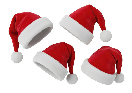Four santa hats isolated on transparent background