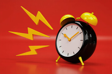 Black and yellow alarm clock with lightning shapes on red background symbolizing sale countdown