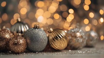 Elegant black and gold glitter Christmas ornaments with festive bokeh lights