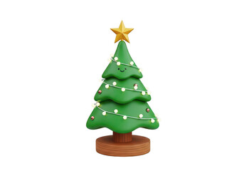 Cute green cartoon christmas tree with lights isolated on transparent background