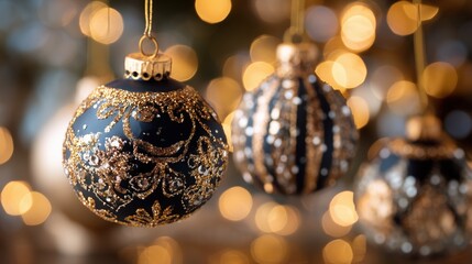 Elegant black and gold glitter Christmas ornaments with festive bokeh lights
