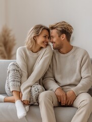 Happy couple in cozy winter clothing cuddling on sofa at home