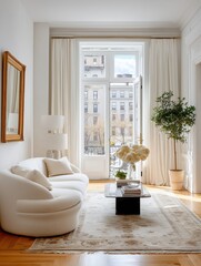 Modern white living room with natural light, minimalist decor, and comfortable furniture in a classic city apartment