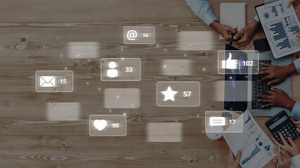 This image showcases a modern workspace with various digital notification icons representing user engagement on social media platforms and communication trends. Raster - Powered by Adobe