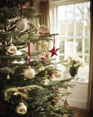 Traditional Christmas tree with gold ornaments and red stars in warm family dining room with soft natural lighting
