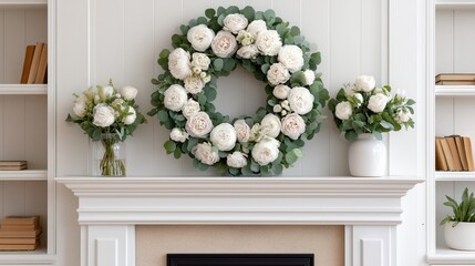 Elegant Floral Fireplace Mantel with Wreath and Vases in Classic Interior