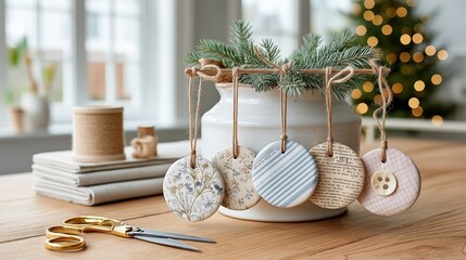 Handmade fabric Christmas ornaments with floral patterns and twine bows on a crafting table