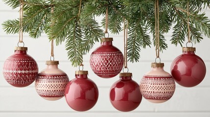 Red and pink Christmas ornaments hanging on pine tree branches