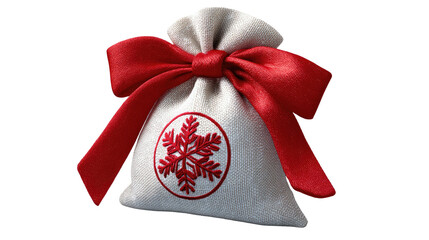 Festive Gift Sack: A small, decorated sack adorned with a vibrant red bow and a snowflake, brimming with holiday cheer and anticipation.