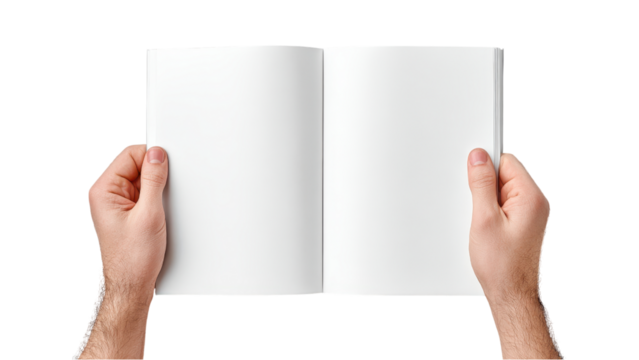 Hands Holding Open Blank Magazine or Brochure on White Background