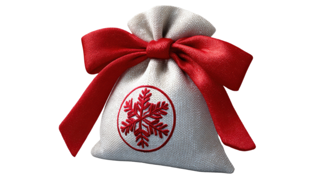 Festive Gift Sack: A small, decorated sack adorned with a vibrant red bow and a snowflake, brimming with holiday cheer and anticipation.