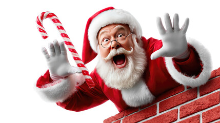 Santa's Cheerful Arrival: A jolly Santa Claus, complete with rosy cheeks and a twinkle in his eye, enthusiastically emerges from a brick chimney, a vibrant candy cane in hand.