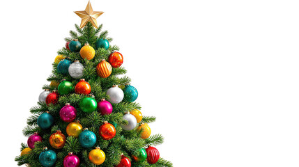 Festive Christmas Tree with Star: A vibrant Christmas tree stands adorned with colorful ornaments and topped with a shining star, evoking the spirit of the holiday season. 