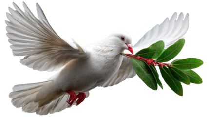 Dove of Peace: A pristine white dove soars gracefully, bearing an olive branch in its beak, a timeless symbol of peace, hope, and serenity, representing a message of tranquility and unity.
