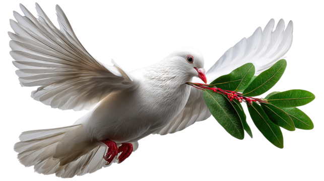 Dove of Peace: A pristine white dove soars gracefully, bearing an olive branch in its beak, a timeless symbol of peace, hope, and serenity, representing a message of tranquility and unity.
