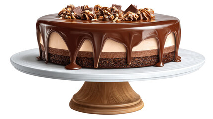 Chocolate Cake: A decadent slice of chocolate cake on a stylish cake stand, with layers of rich, creamy mousse, dark chocolate ganache, and topped with chopped nuts.