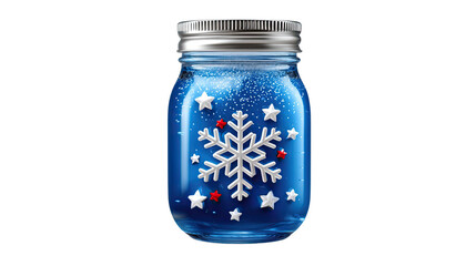 Snowflake Sparkle in a Jar: A close-up view presents a mesmerizing mason jar, filled with a shimmering blue liquid, adorned with a delicate snowflake and stars, and capped with a silver lid.