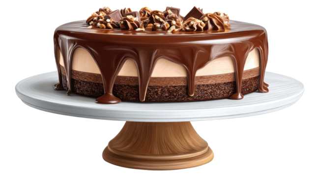 Chocolate Cake: A decadent slice of chocolate cake on a stylish cake stand, with layers of rich, creamy mousse, dark chocolate ganache, and topped with chopped nuts.