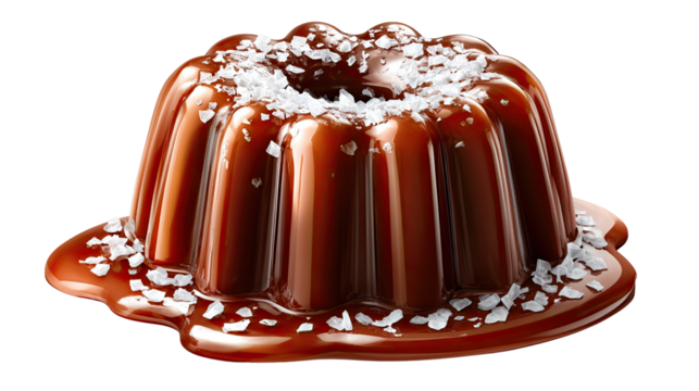 Decadent Caramel Delight: An enticing dessert, a glistening caramel pudding garnished with sea salt crystals, evoking a symphony of sweet and savory notes.