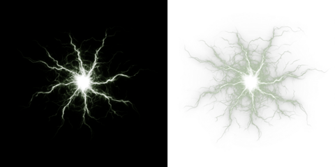 Electric energy burst illustration with intricate lightning patterns on contrasting black and white backgrounds, showcasing dynamic visual effects and vibrant energy concept