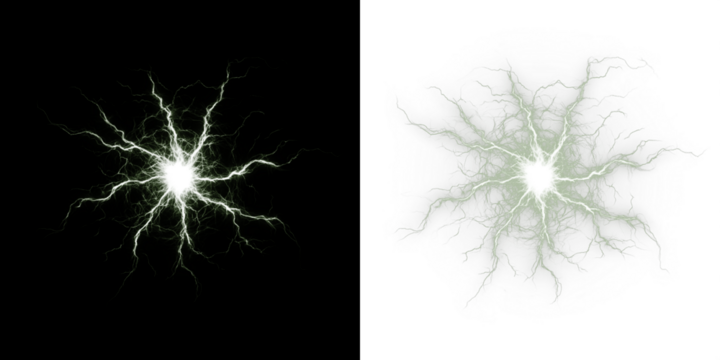 Electric energy burst illustration with intricate lightning patterns on contrasting black and white backgrounds, showcasing dynamic visual effects and vibrant energy concept