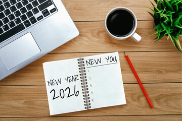 2026 Happy New Year Resolution Goal List and Plans Setting - Business office desk with notebook...