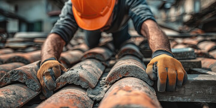 top-down view of a construction worker on an old terracotta tile roof