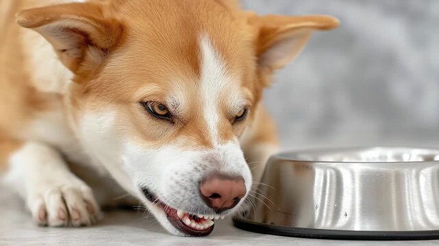 Fierce brown and white dog baring its teeth in defense of its food. Gradually, the dog relaxes, ceases its menacing growls, and eventually drifts off into a peaceful slumber