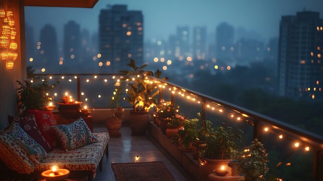 A Diwali balcony lit with string lights and clay lamps on the railing, cozy seating with embroidered pillows and potted plants around. City skyline blurred in the background with distant lights.