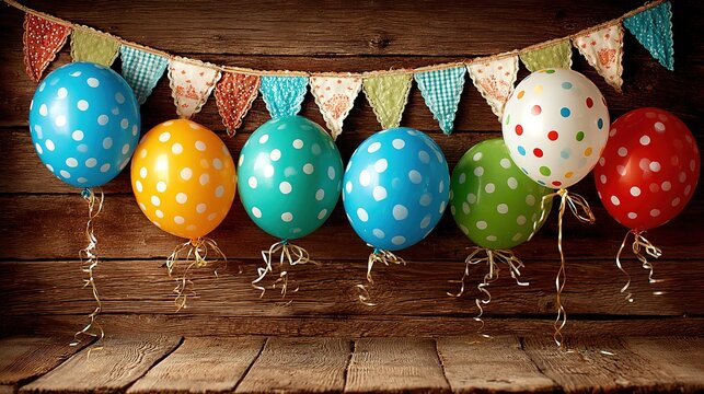 Vibrant colorful balloons and streamers on a wooden background for a festive or birthday celebration. Bright and lively design, perfect for children's birthday invitations, party decoration background - Powered by Adobe