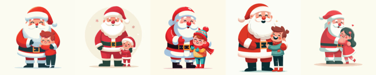 happy children hugging santa claus